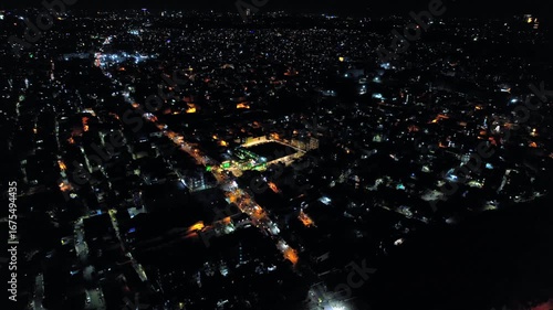 Night aerial view of Arabic College and surrounding cityscape in Bangalore, Karnataka, India.
