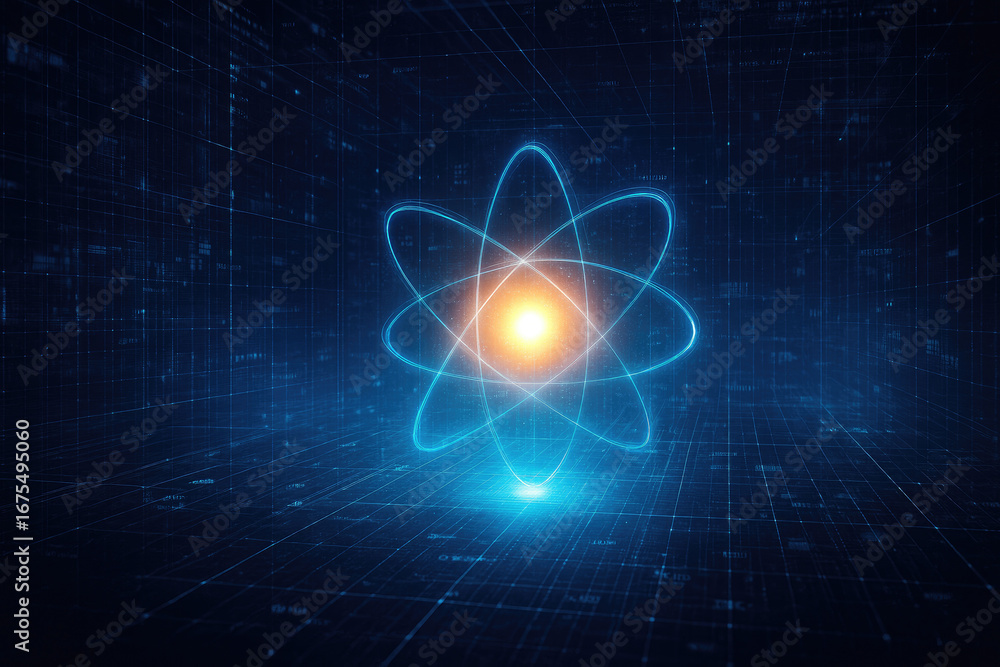 Fototapeta premium Glowing Blue Atom Model with Orbiting Electrons and Digital Grid Background atomic science
