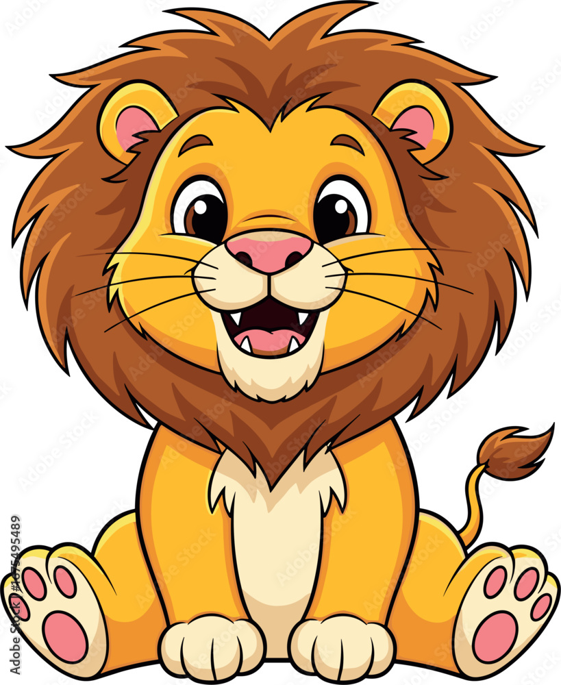 Obraz premium Cartoon cute lion sitting, friendly jungle animal character, playful wildlife illustration, children’s educational art, adorable big cat design with happy expression