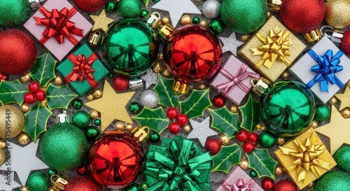 Festive Christmas Ornaments and Gifts Arrangement on Gray Surface
