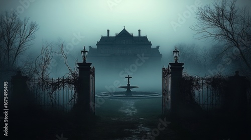 foggy and eerie scene of an old mansion behind wrought iron gates with a fountain and leafless trees under a dim blue light