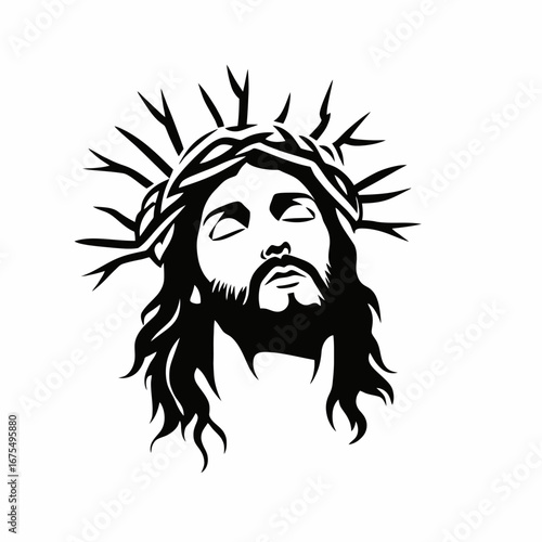 Jesus Christ with crown of thorns stylized vector graphic design silhouette