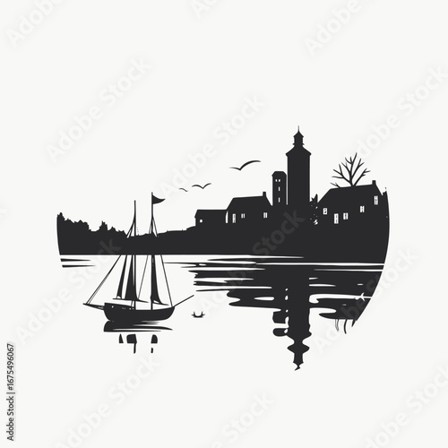 Tranquil waterfront scene with sailboats reflected in the water silhouette