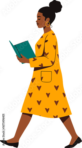 Woman Walking Reading Book Yellow Dress Casual Lifestyle Concept