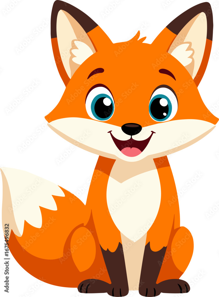 Obraz premium Cute Sitting Fox Cartoon Character Happy Animal Illustration