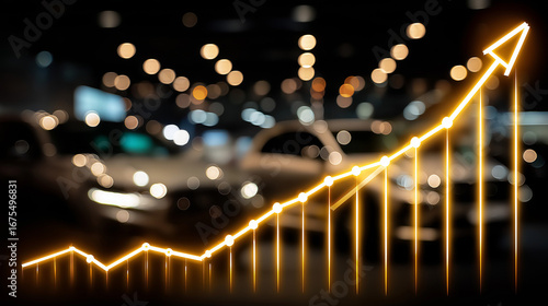 Market Growth and Cars: Dynamic shot of a rising financial graph superimposed over a car showroom, reflecting an upward trend in the automotive market.