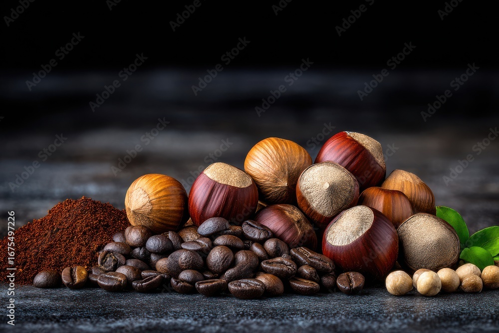 Fototapeta premium Nutty blend of coffee and hazelnuts on a dark stone surface showcasing culinary potential and aromatic richness for gourmet enthusiasts
