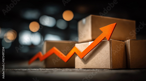 Market Expansion: A striking visual of cardboard boxes stacked, accompanied by an ascending red arrow, suggesting growth and financial performance. Represents market trends and the rise of e-commerce.