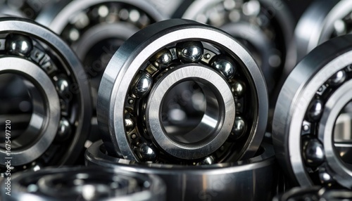 Closeup of Ball Bearings with Industrial Metal Parts, Shiny, and Macro.