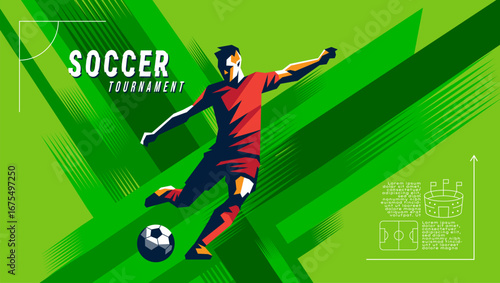 Modern vector illustration of a soccer player and ball with high energy motion lines