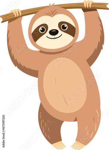 Cute Smiling Sloth Hanging Branch Animal Character