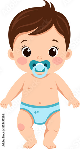 Cute Baby Boy with Pacifier in Blue Diaper Infant Toddler Character