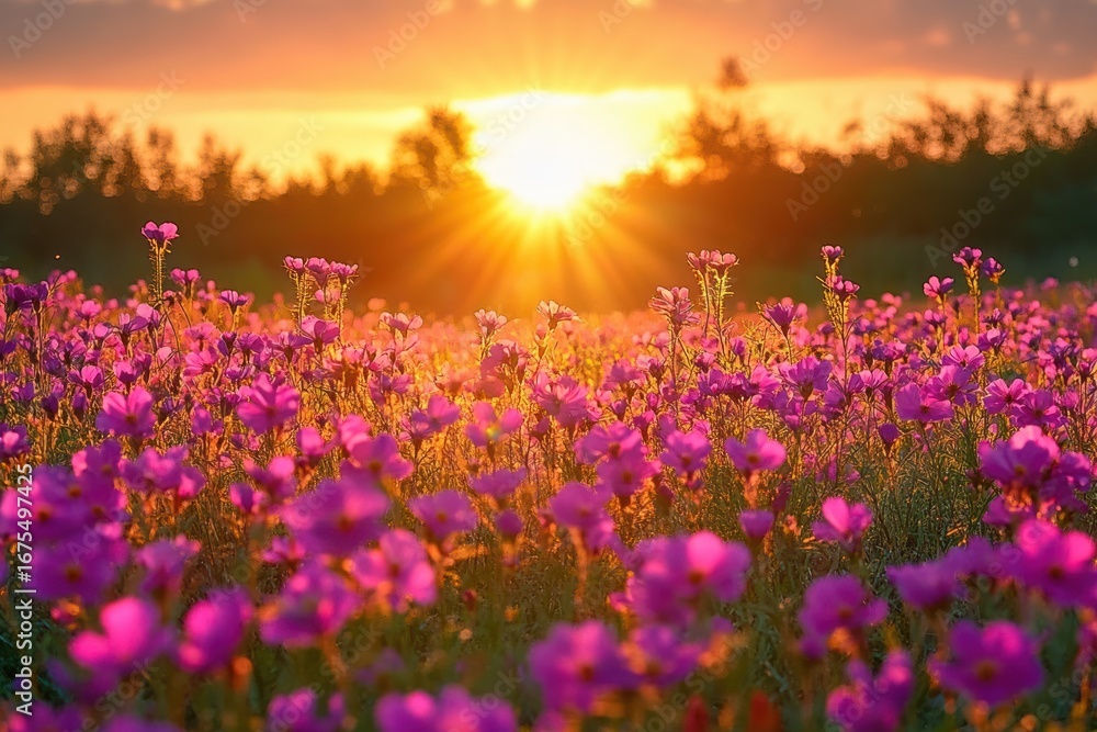 Obraz premium Field of vibrant purple flowers illuminated by warm golden sunlight during a serene sunset with a natural tree line silhouette in the background