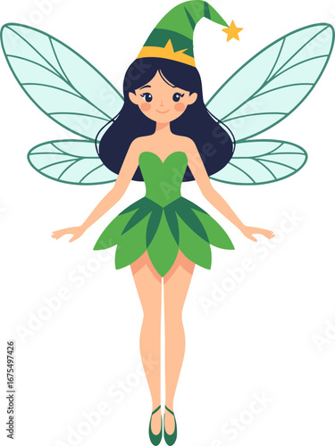 Cute Fairy Girl Wings Green Dress Magic Hat Children Book Character