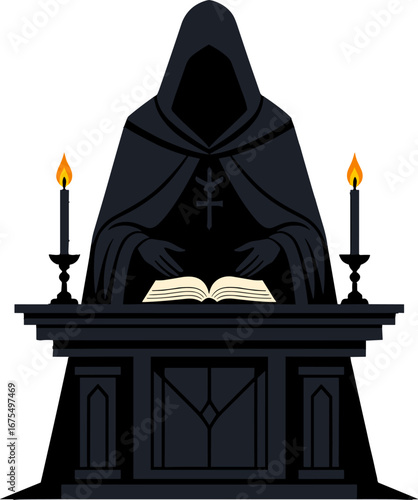 Dark Hooded Priest Reading Book Gothic Altar Ritual Scene