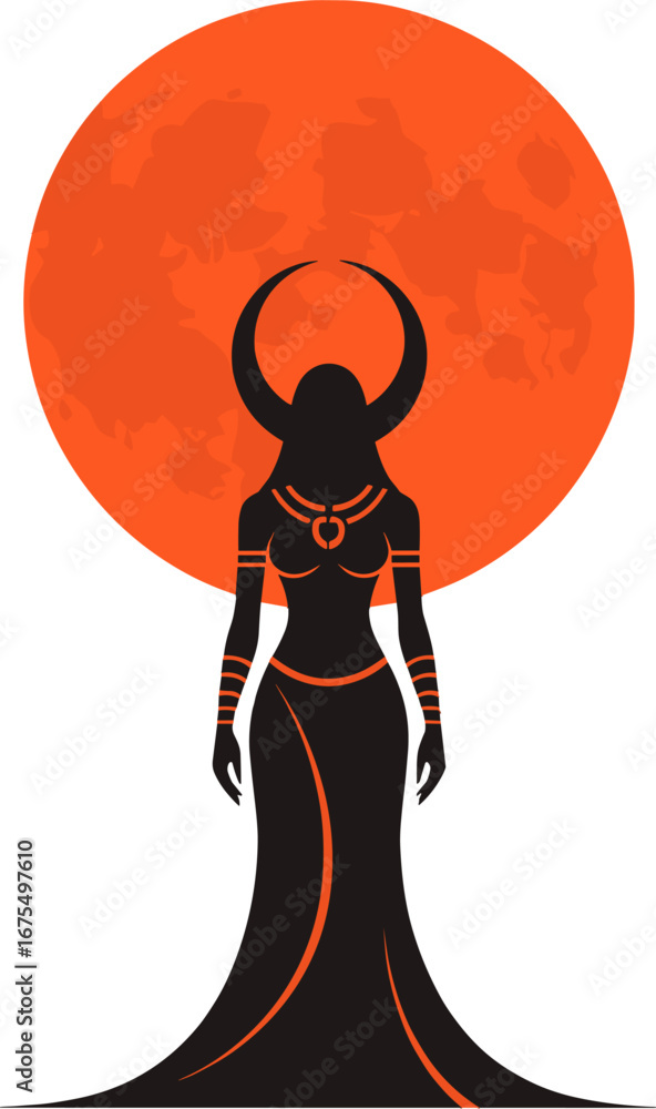Obraz premium Dark Goddess Silhouette With Horns Full Moon Mystic Witch