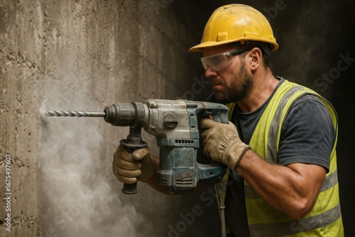 Construction Worker Drilling Concrete Wall with Rotary Hammer.