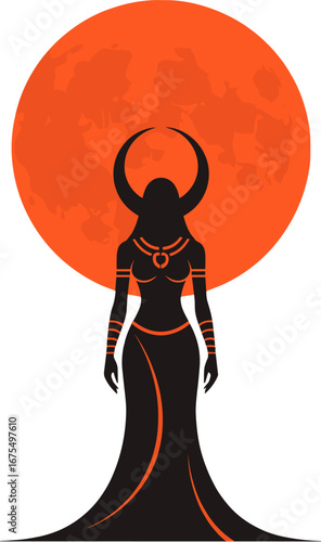 Dark Goddess Silhouette With Horns Full Moon Mystic Witch