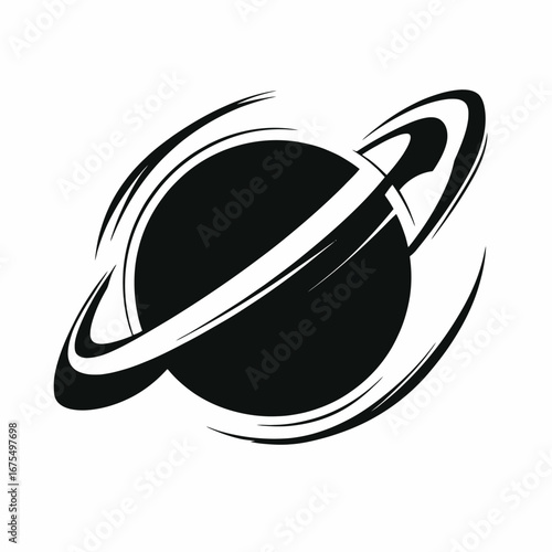 Dramatic orbital planet with rings, cosmic vector, simple design style silhouette