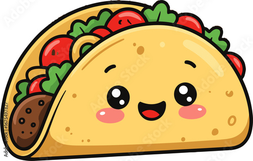 Cute Smiling Taco with Meat Lettuce and Tomato Cartoon Food Character