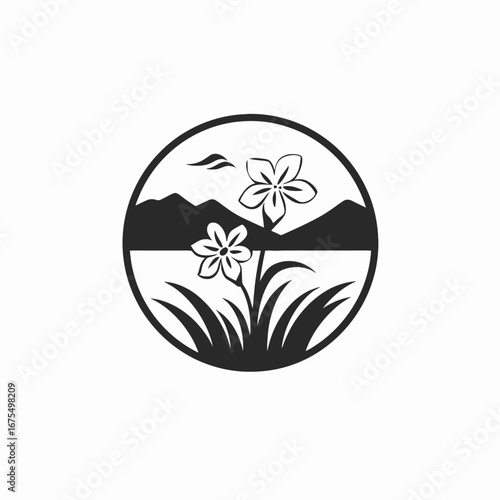 Mountain meadow flowers inside circle creating beautiful nature scenery silhouette