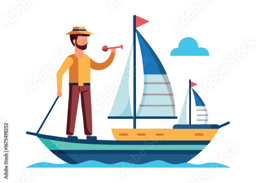 Illustration of a sailor on a sailboat at sea, isolated on white background, enjoying a sunny day
