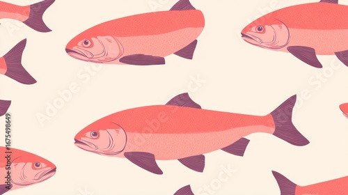 Seamless pattern of stylized red fishes on a light cream background