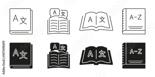 Language Learning And Translation Tools. Language Translation And Dictionary Line And Solid Icon Set. Multilingual Communication And Lexicon Symbol Collection. Isolated Vector Illustration
