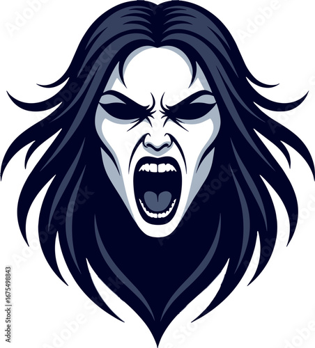 Screaming Woman Head Dark Hair Angry Expression