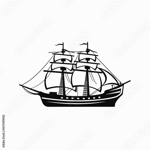 Majestic two masted sailing ship sailing calmly across oceans, a stunning silhouette
