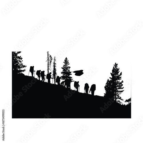 Group of hikers climbing a mountain, silhouette vector illustration.

