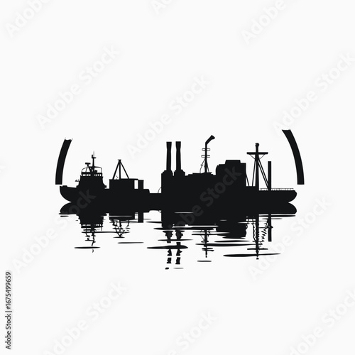 Industrial landscape with ship and smokestacks reflected on water silhouette