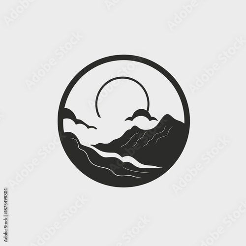 Serene mountain river landscape illustration in a circular frame, artful silhouette