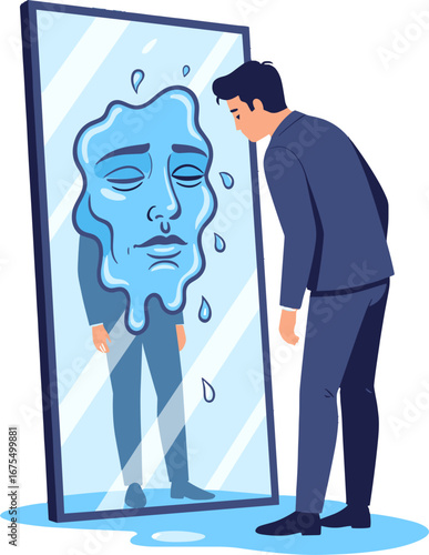 Sad Man Looking Mirror Melting Face Reflection Mental Health Concept