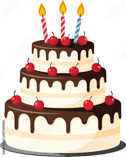 Three Tier Chocolate Drip Birthday Cake With Candles And Cherries