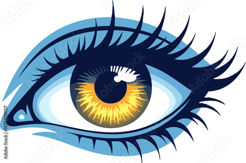 Detailed Bright Eye with Golden Iris and Blue Eyelashes Close Up