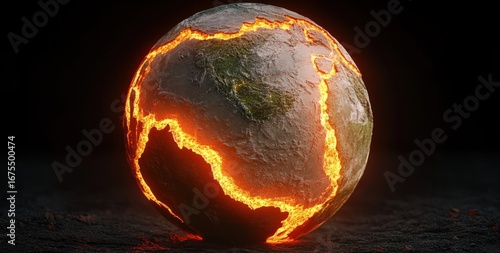 Wallpaper Mural A cracked earth globe glowing with molten lava fissures showing tectonic plates, set against a dark background evoking heat and geological activity Torontodigital.ca