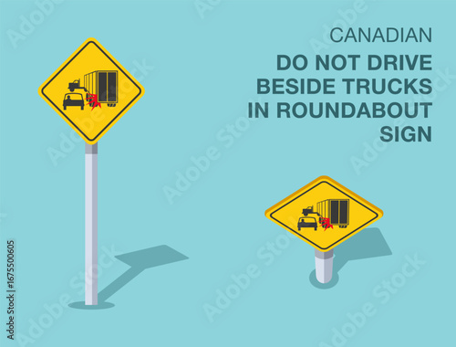 Traffic regulation rules. Isolated canadian "do not drive beside trucks in roundabout" road sign. Front and top view. Flat vector illustration template.