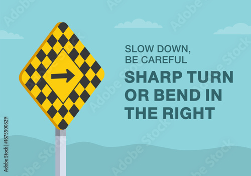 Safe driving tips and traffic regulation rules. Close-up of canadian "road suddenly changes direction" sign meaning. Sharp turn or bend in the right. Flat vector illustration template.