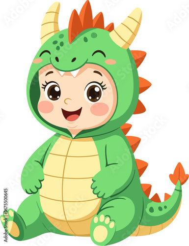 Cute Baby Wearing Dinosaur Costume Smiling Sitting
