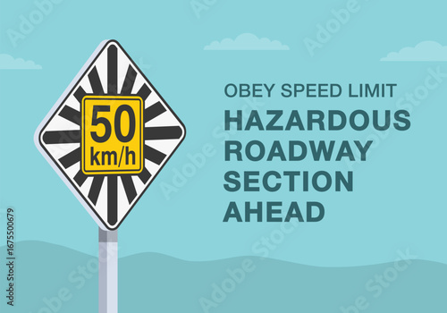 Safe driving tips and traffic regulation rules. Close-up of canadian "sunburst advisory speed" sign meaning. Hazardous roadway section ahead. Flat vector illustration template.