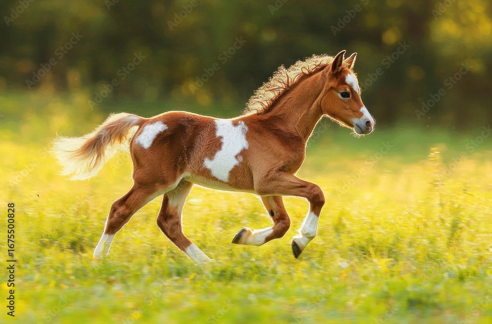 Obraz premium Young brown and white foal running joyfully through a sunlit green meadow with blurred forest background