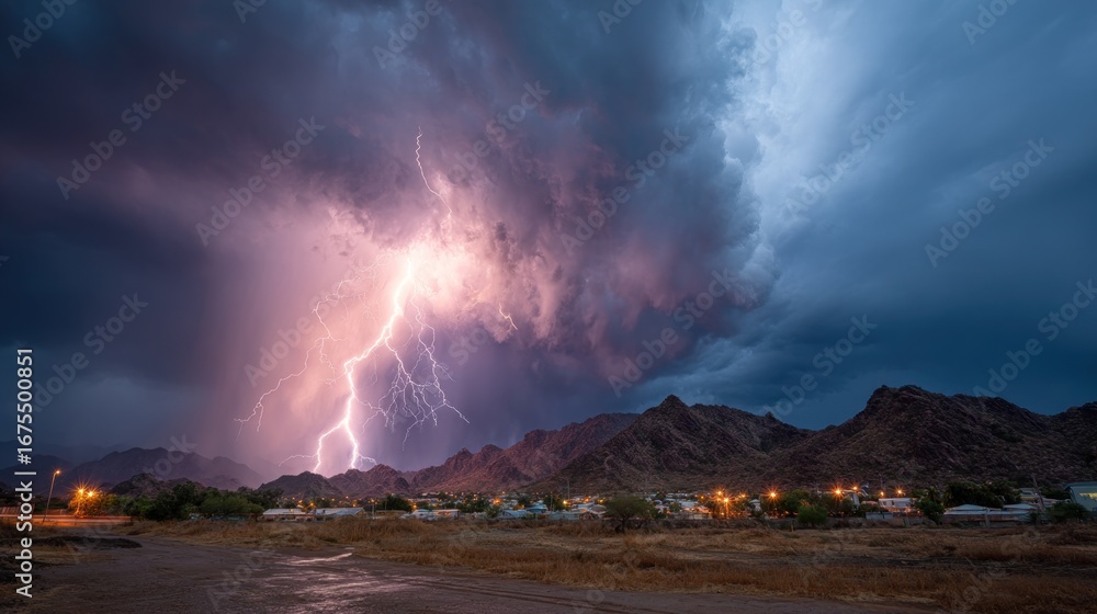 Fototapeta premium A dramatic capture of a lightning strike over a mountainous landscape at dusk