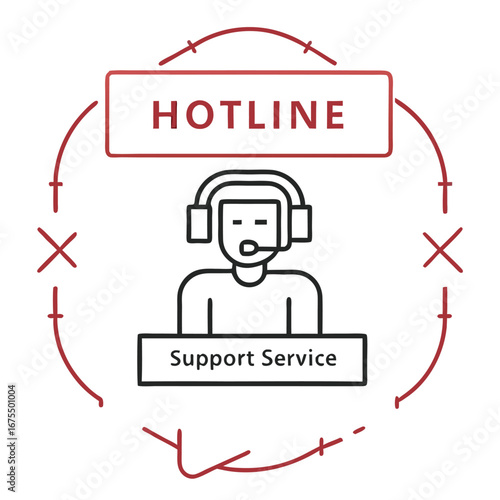 Helpline Man with Headset, Hotline Text, Support Service on White