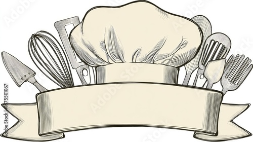Logoa chef's hat with whips and kitchen utensils on it, with a banner ribbon around the bottom of the design. --chaos 40 --ar 16:9 --profile 2uzred9 --v 7 Job ID: 186c147c-243c-4691-994d-b383c49b7651