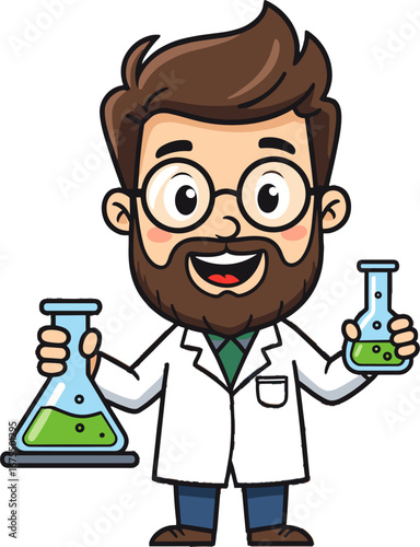 Happy Scientist Holding Chemistry Flasks Laboratory Experiment Cartoon