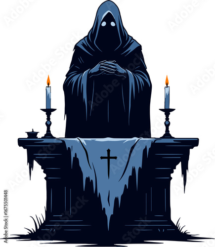 Dark Hooded Figure At Gothic Altar With Candles Occult Ritual