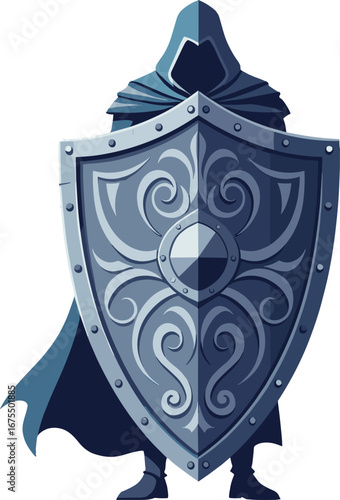 Dark Hooded Knight Holding Ornate Shield Medieval Fantasy Warrior