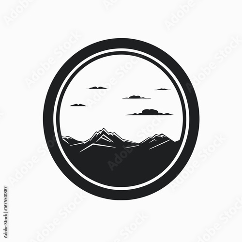 Bold mountain and sky, an iconic landscape emblem, simple circle silhouette