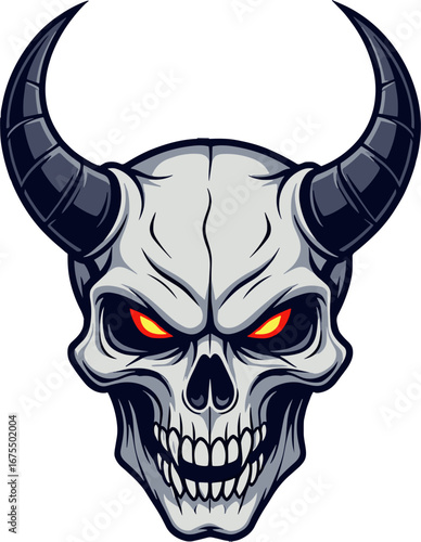 Demonic Skull With Horns Fiery Eyes Tattoo Logo